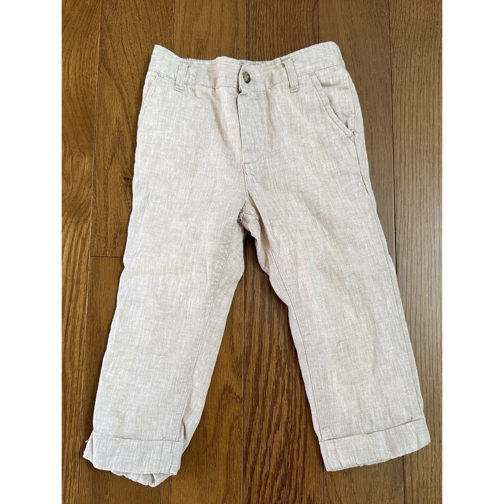 Janie and Jack Boys Tan Linen Blend Pants 18-24 Months Beige Cuffed Casual